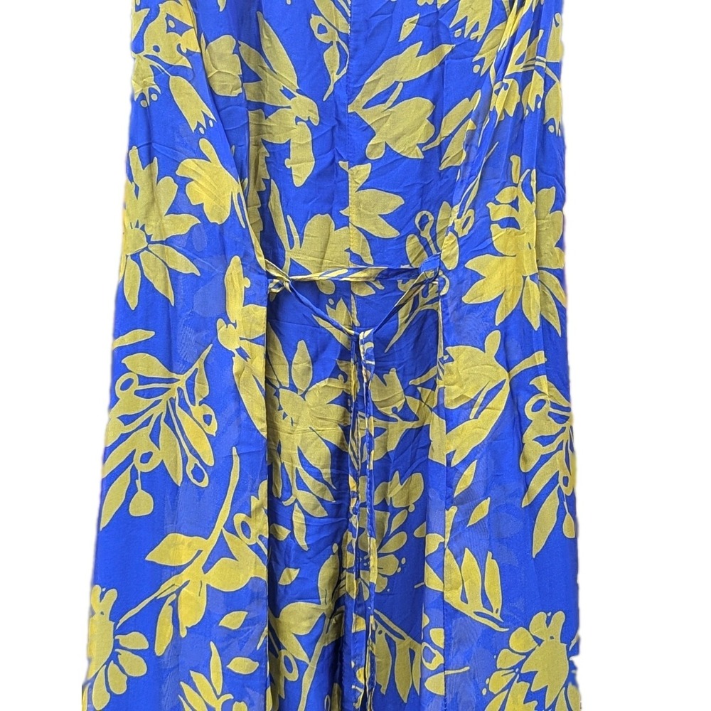 L Women Rosemarine Sleeveless Silk Blend Blue Yellow Floral Dress Maxi Flowy Tie - Picture 6 of 9